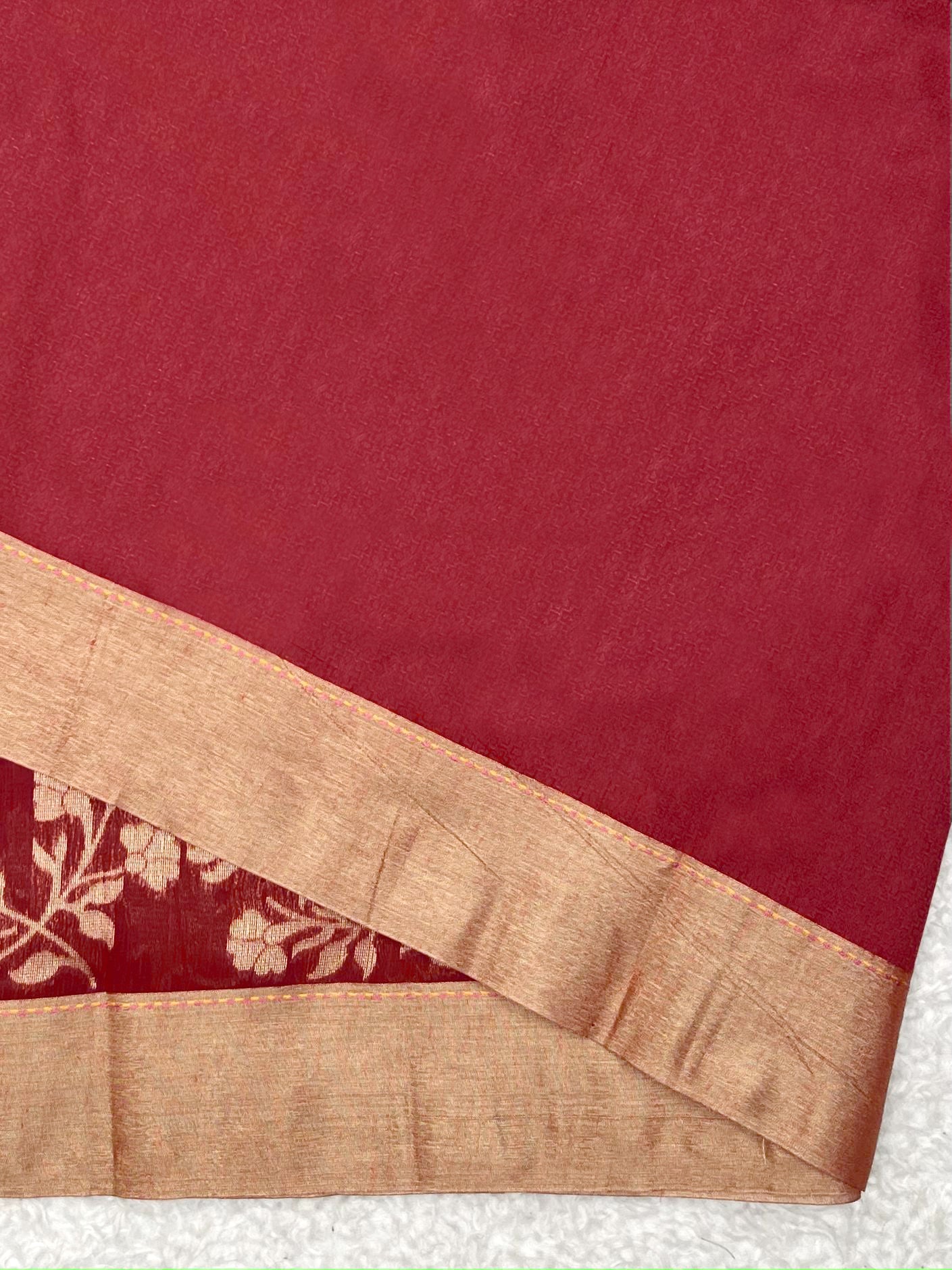 Traditional Red Linen Saree with Rich Floral Design & Contrast Border