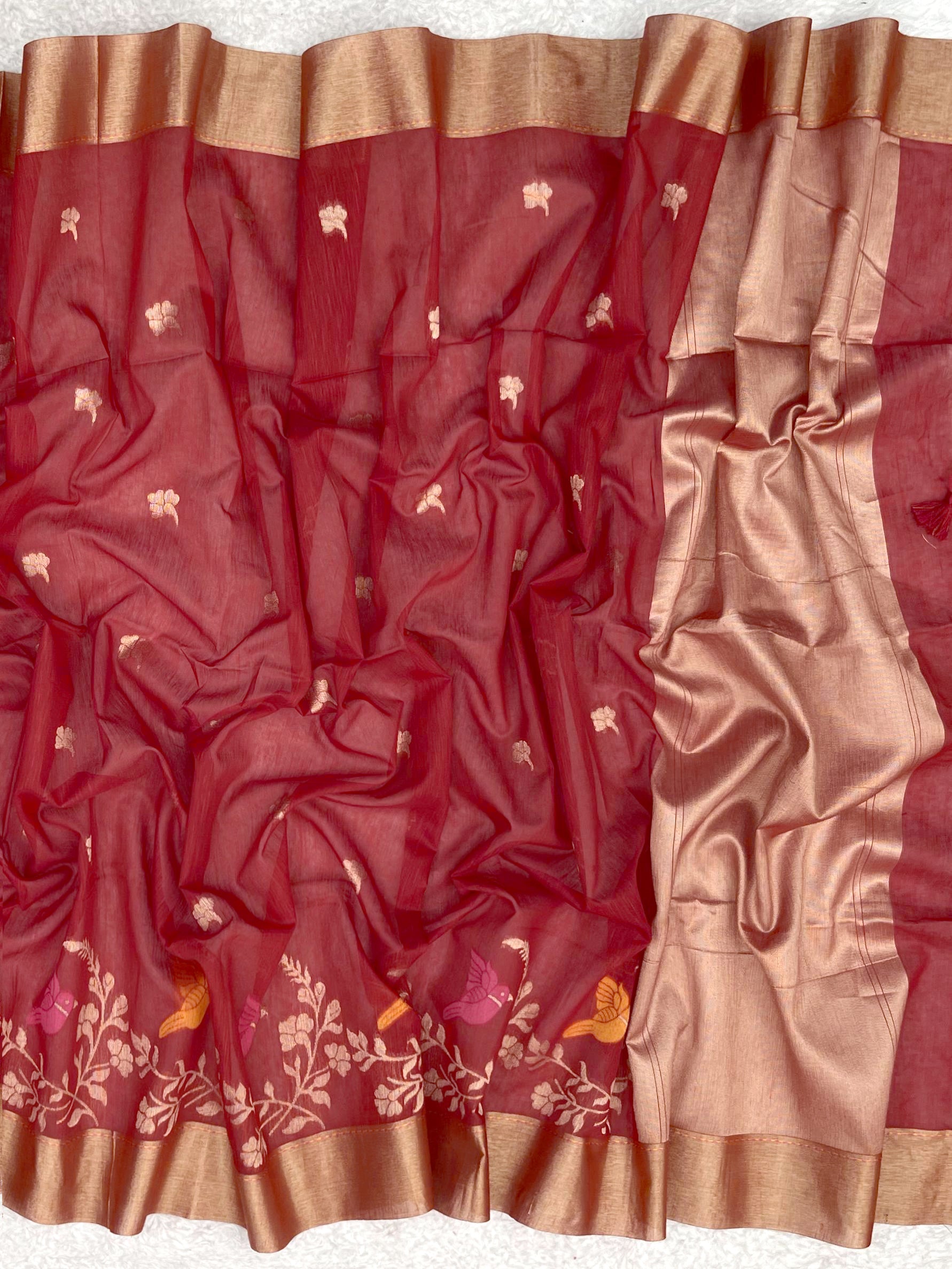 Traditional Red Linen Saree with Rich Floral Design & Contrast Border