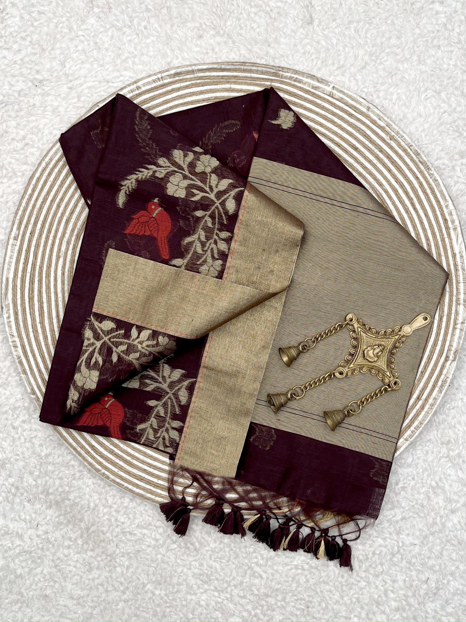 Brown Linen Silk Zari Weaving Border Saree with Fancy Rich Pallu