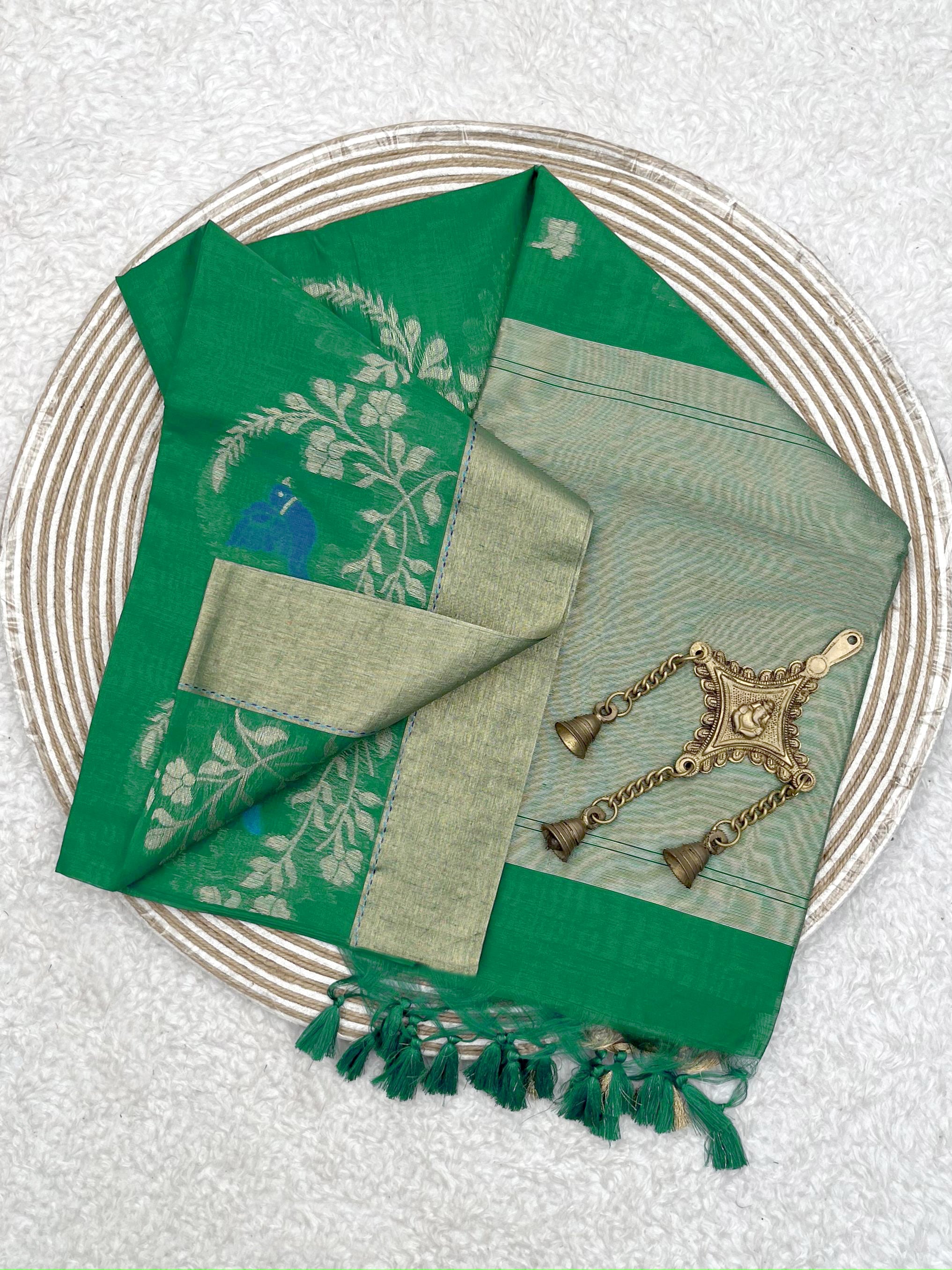 Traditional Green Linen Silk Saree with Golden Zari Border