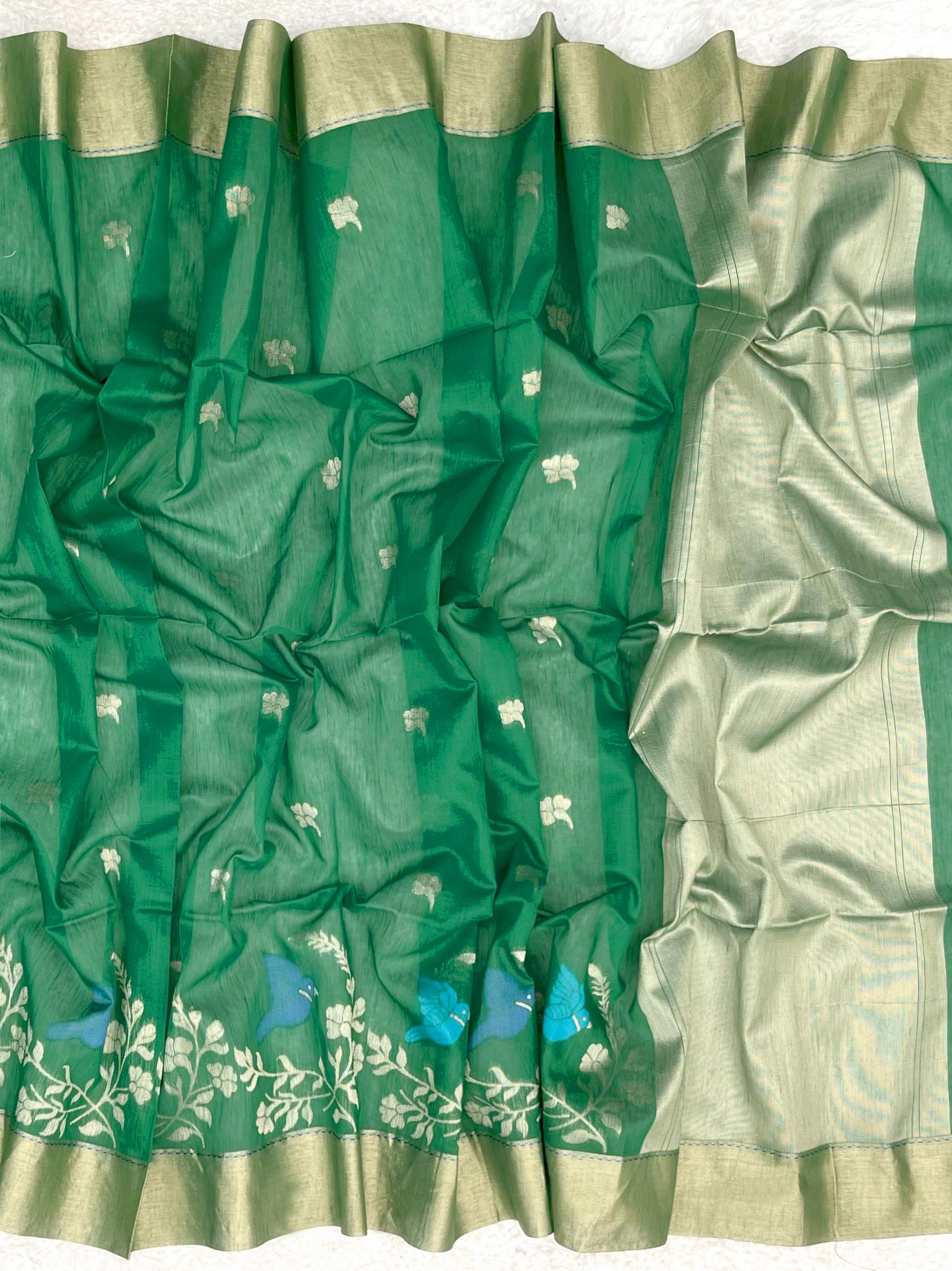Traditional Green Linen Silk Saree with Golden Zari Border