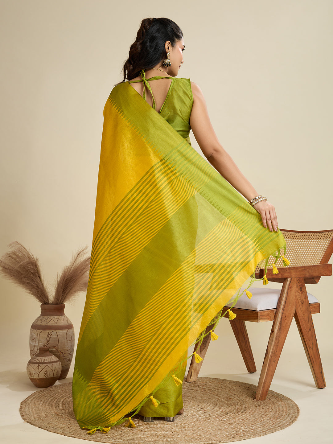 Canary Yellow Raw Silk Saree with Contrast Temple Border