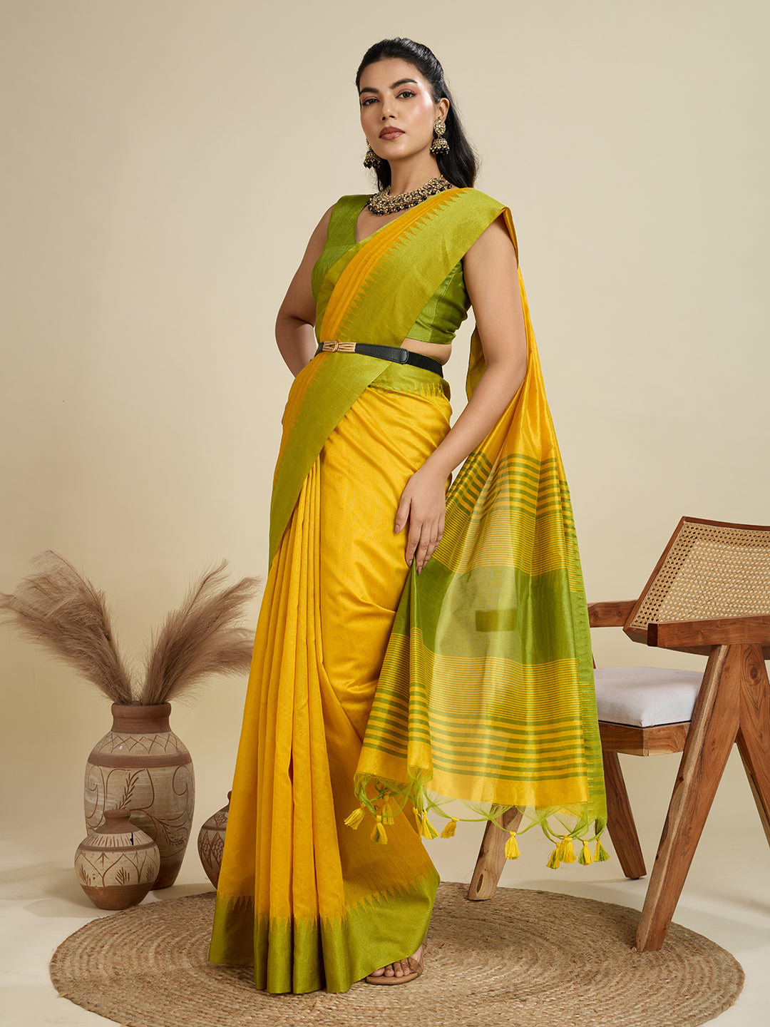 Canary Yellow Raw Silk Saree with Contrast Temple Border