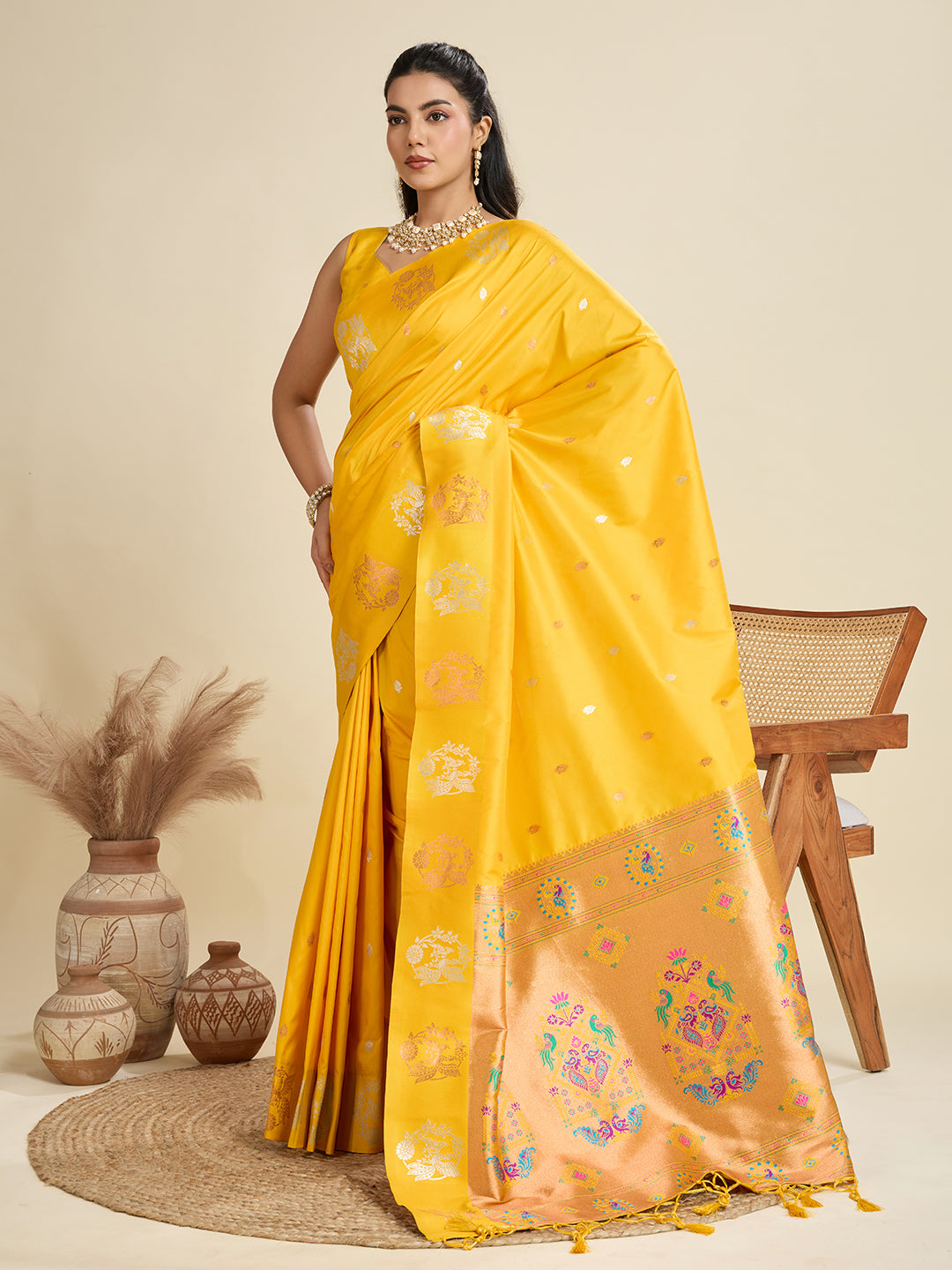 Vibrant Yellow Banarasi Silk Saree with Zari Weaving