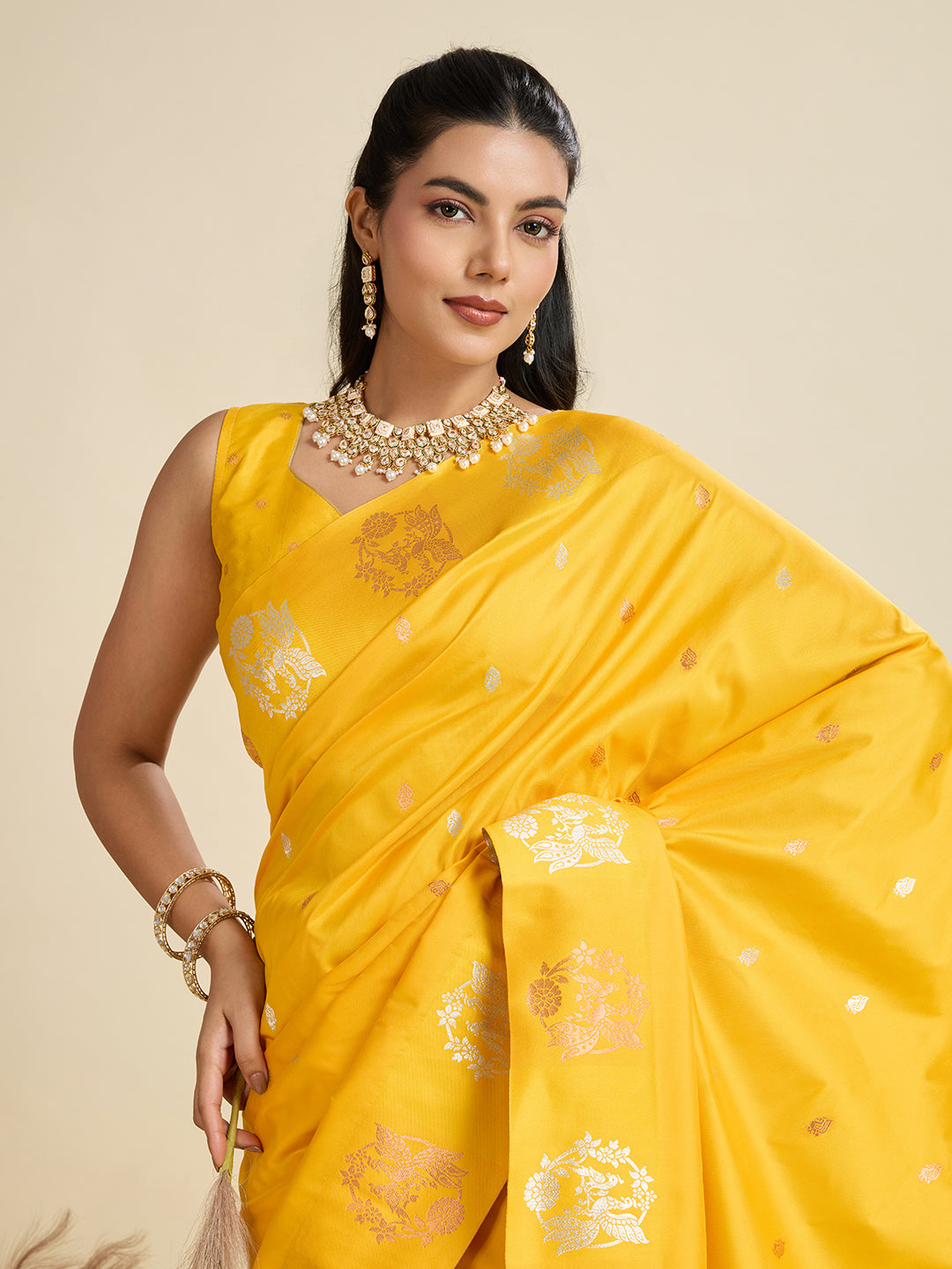 Vibrant Yellow Banarasi Silk Saree with Zari Weaving