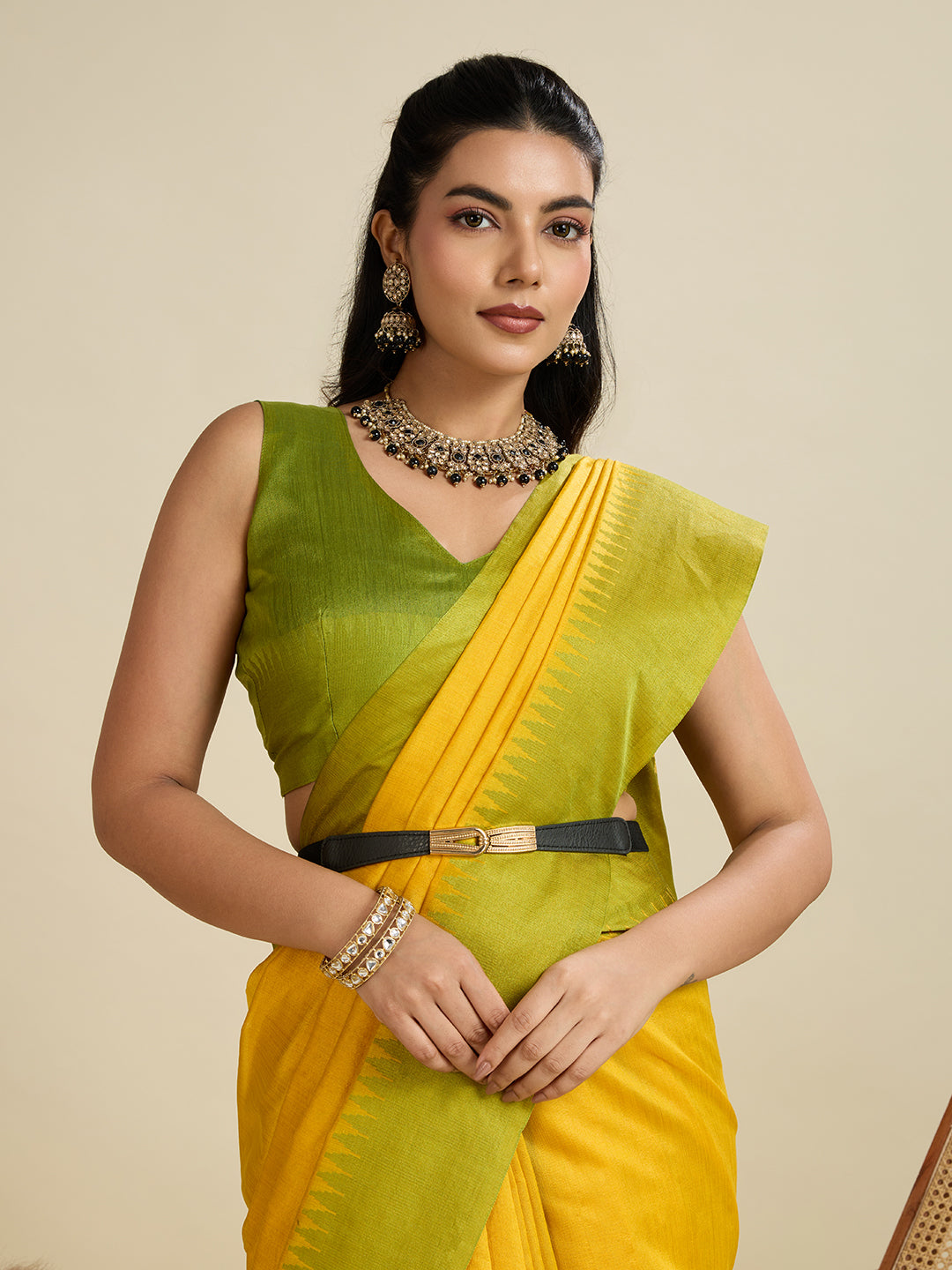 Canary Yellow Raw Silk Saree with Contrast Temple Border