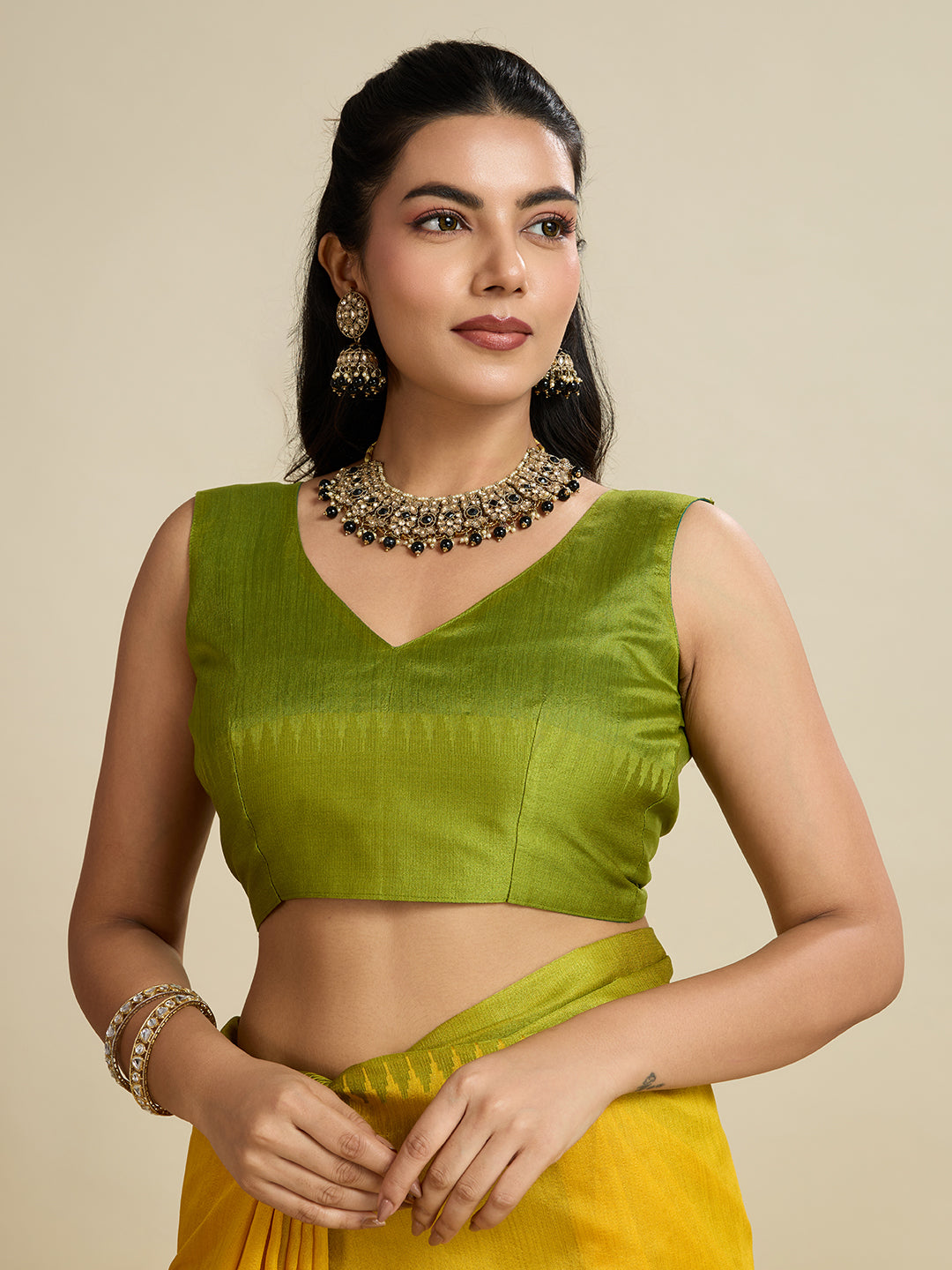 Canary Yellow Raw Silk Saree with Contrast Temple Border