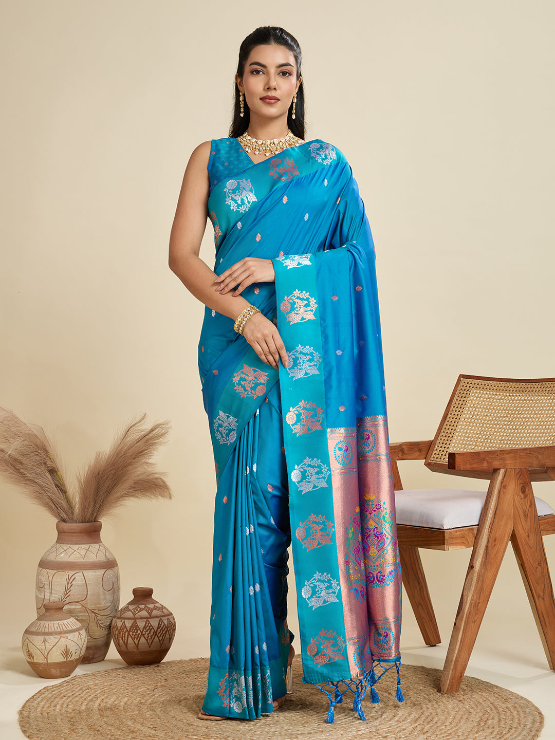 Teal Blue Kanjivaram Silk Saree with Traditional Zari Border