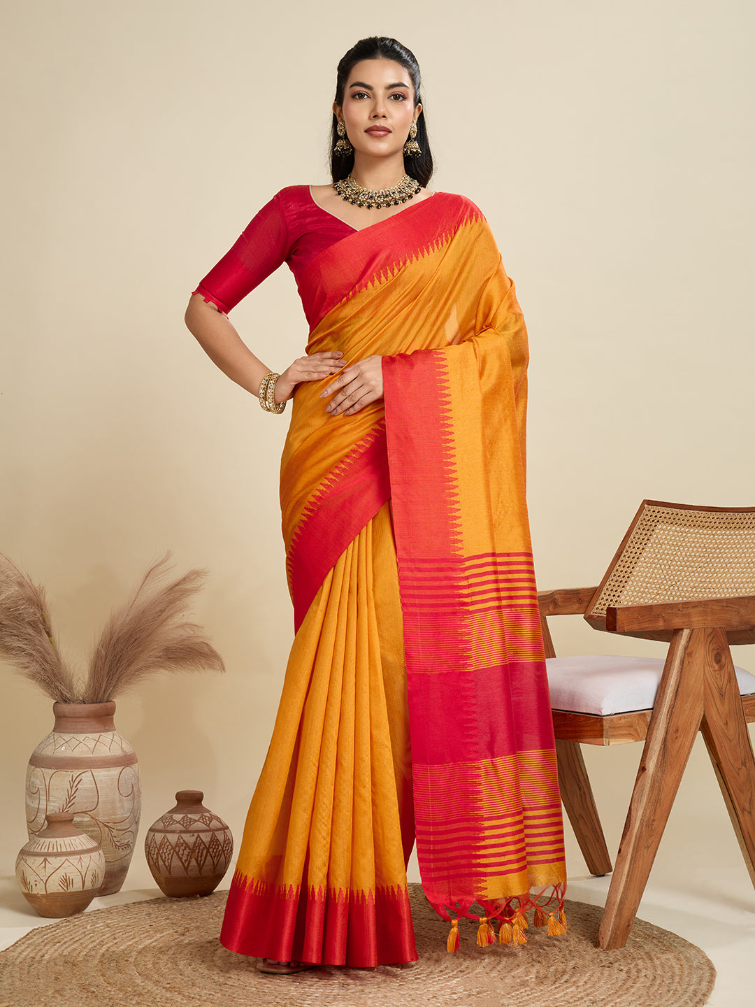 Mustard Yellow & Red Silk Blend Saree with Zari Border