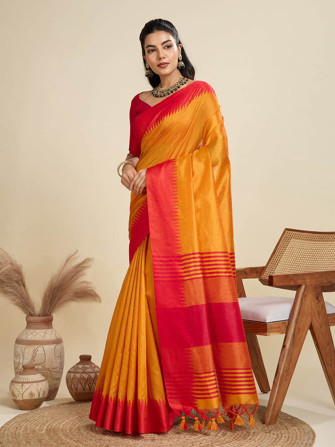 Mustard Yellow & Red Silk Blend Saree with Zari Border
