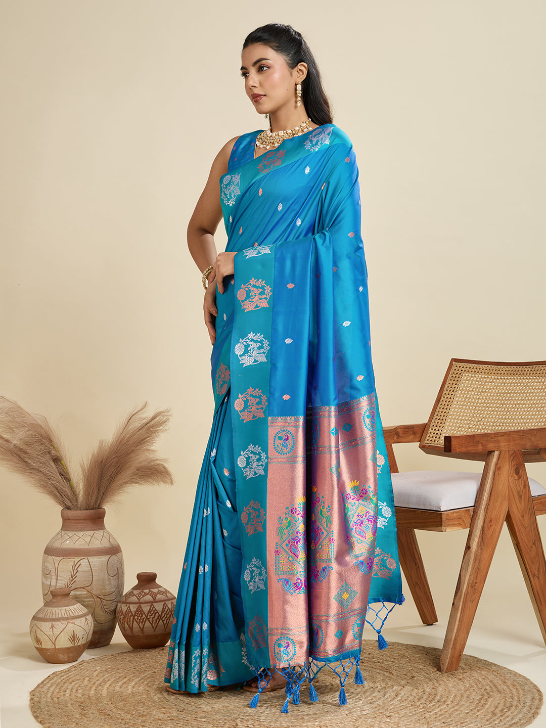 Teal Blue Kanjivaram Silk Saree with Traditional Zari Border