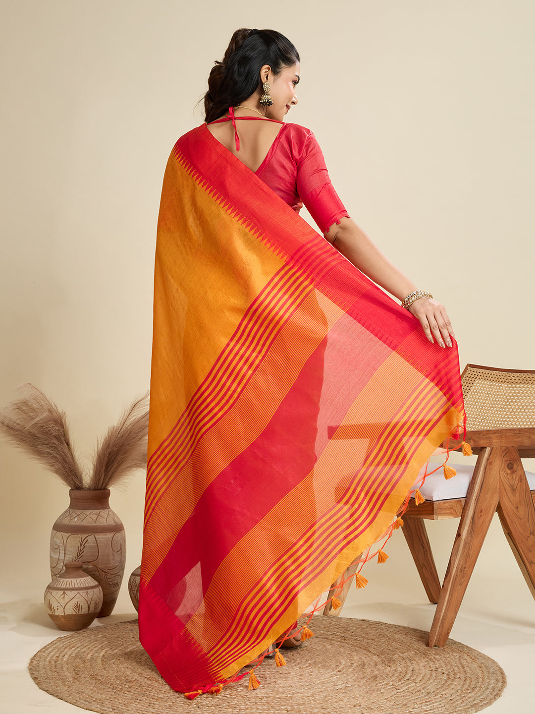 Mustard Yellow & Red Silk Blend Saree with Zari Border