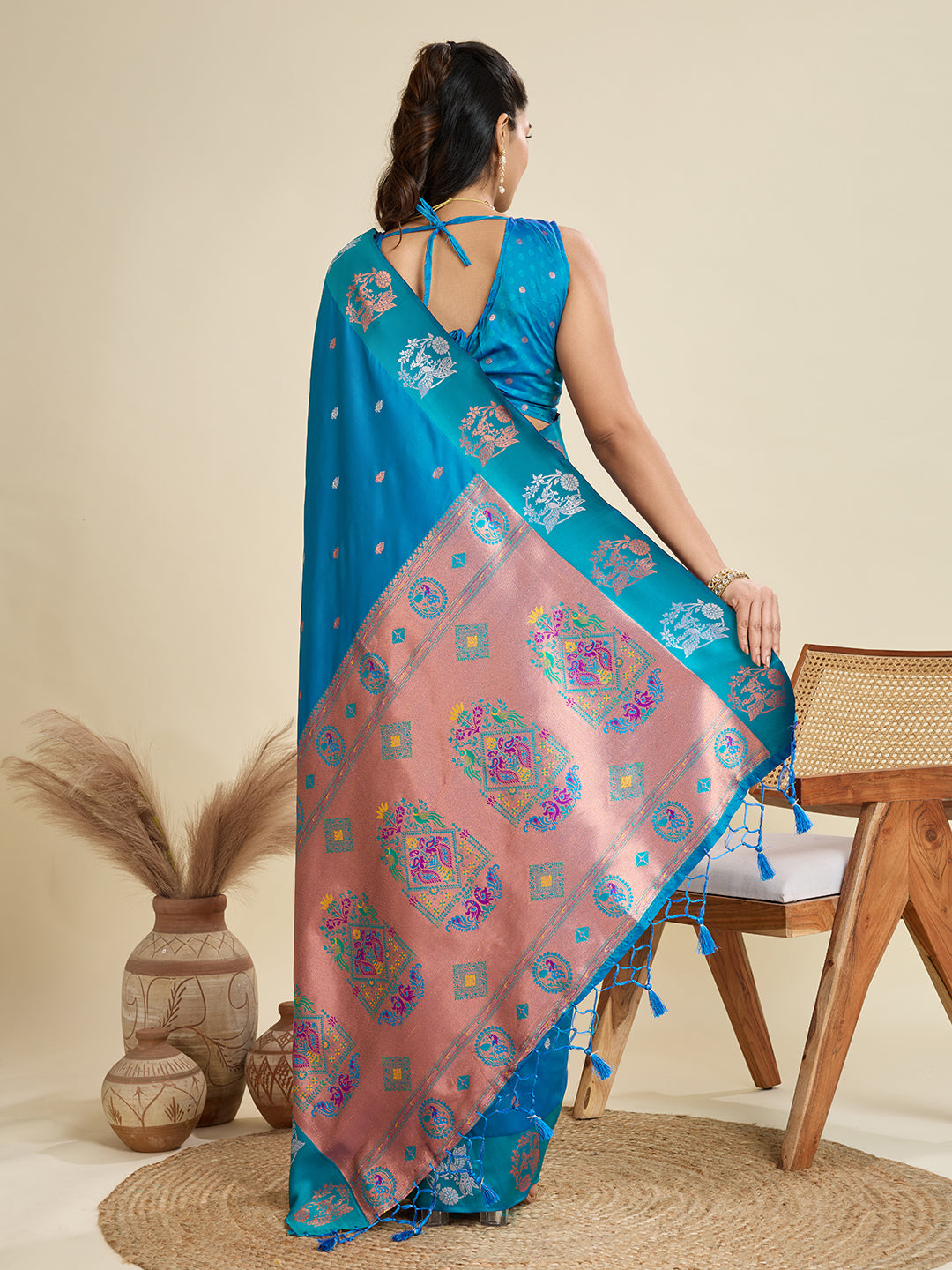 Teal Blue Kanjivaram Silk Saree with Traditional Zari Border