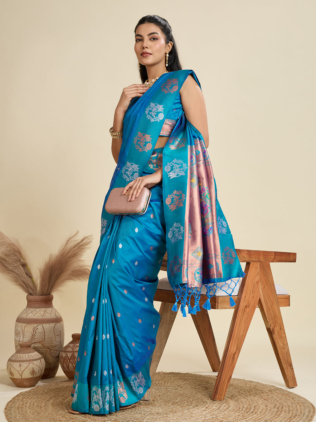 Teal Blue Kanjivaram Silk Saree with Traditional Zari Border