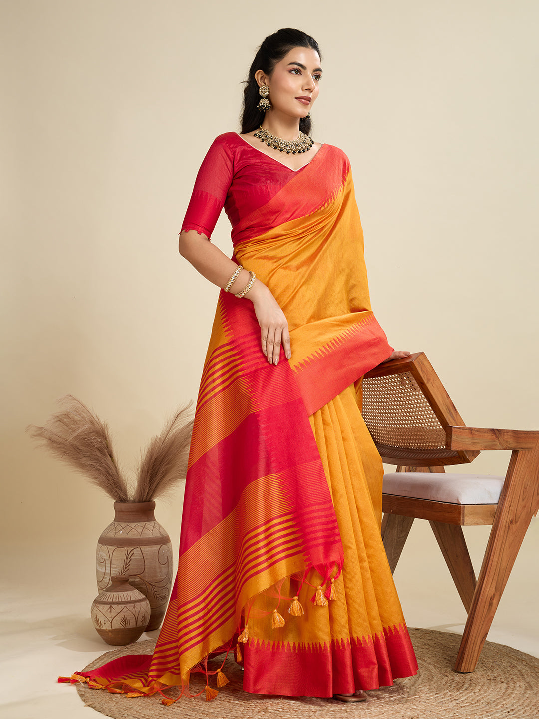 Mustard Yellow & Red Silk Blend Saree with Zari Border