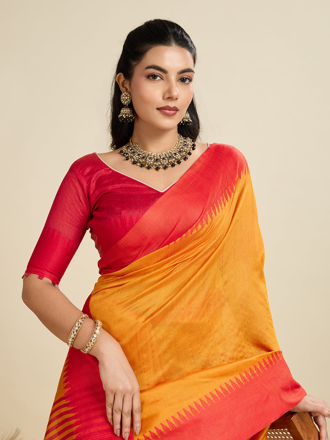 Mustard Yellow & Red Silk Blend Saree with Zari Border