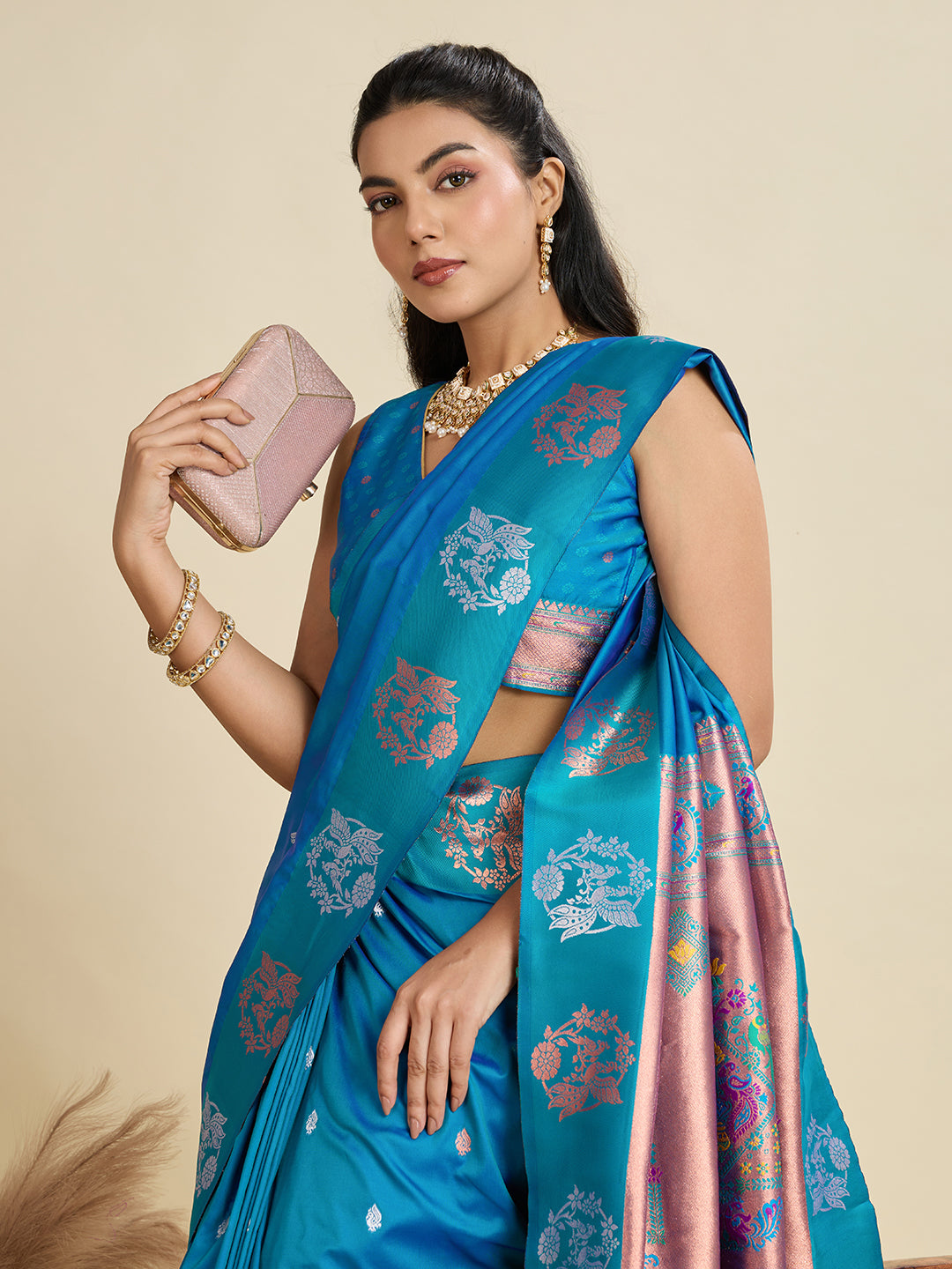 Teal Blue Kanjivaram Silk Saree with Traditional Zari Border