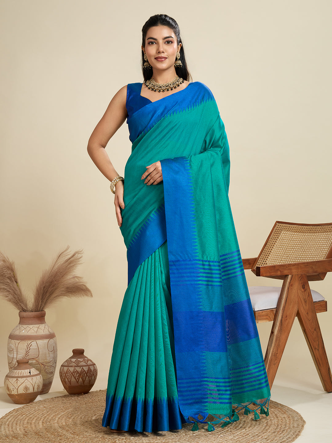 Firozi Raw Silk Thread Woven Saree with Contrast Border