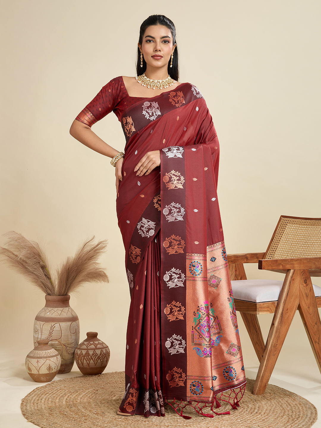 Deep Maroon Pure Silk Paithani Saree with Rich Zari Pallu