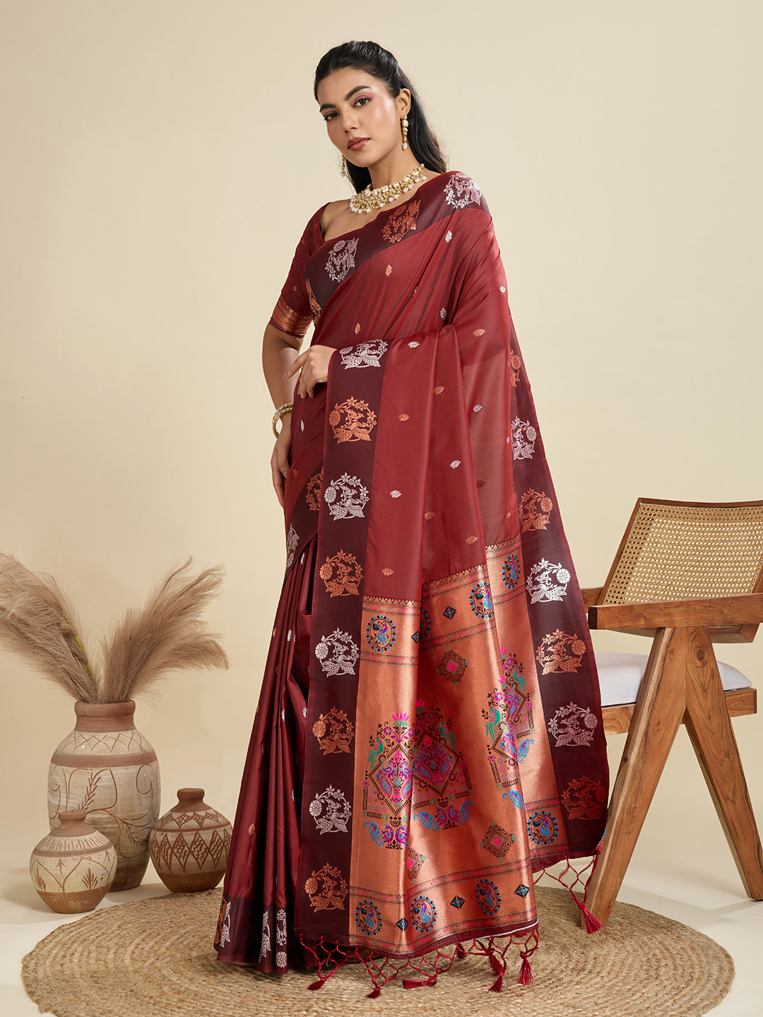 Deep Maroon Pure Silk Paithani Saree with Rich Zari Pallu
