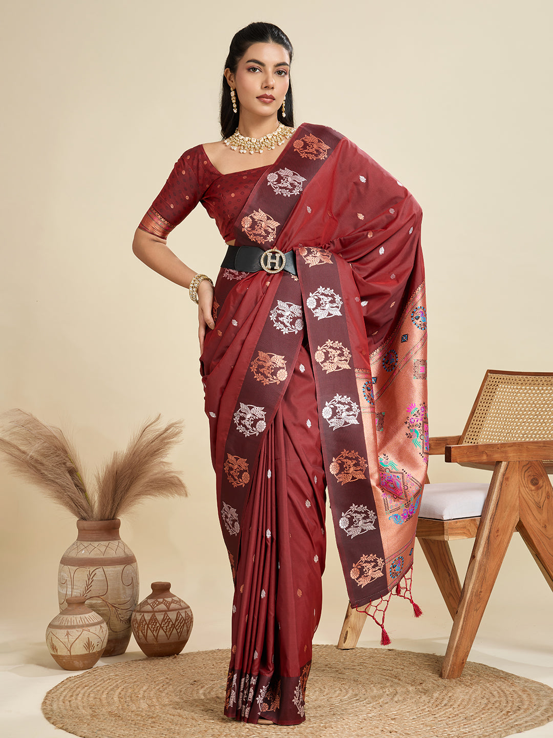 Deep Maroon Pure Silk Paithani Saree with Rich Zari Pallu