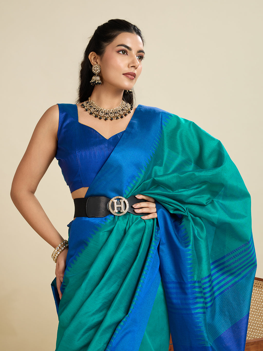 Firozi Raw Silk Thread Woven Saree with Contrast Border