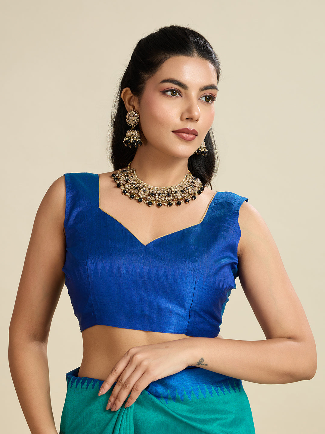Firozi Raw Silk Thread Woven Saree with Contrast Border