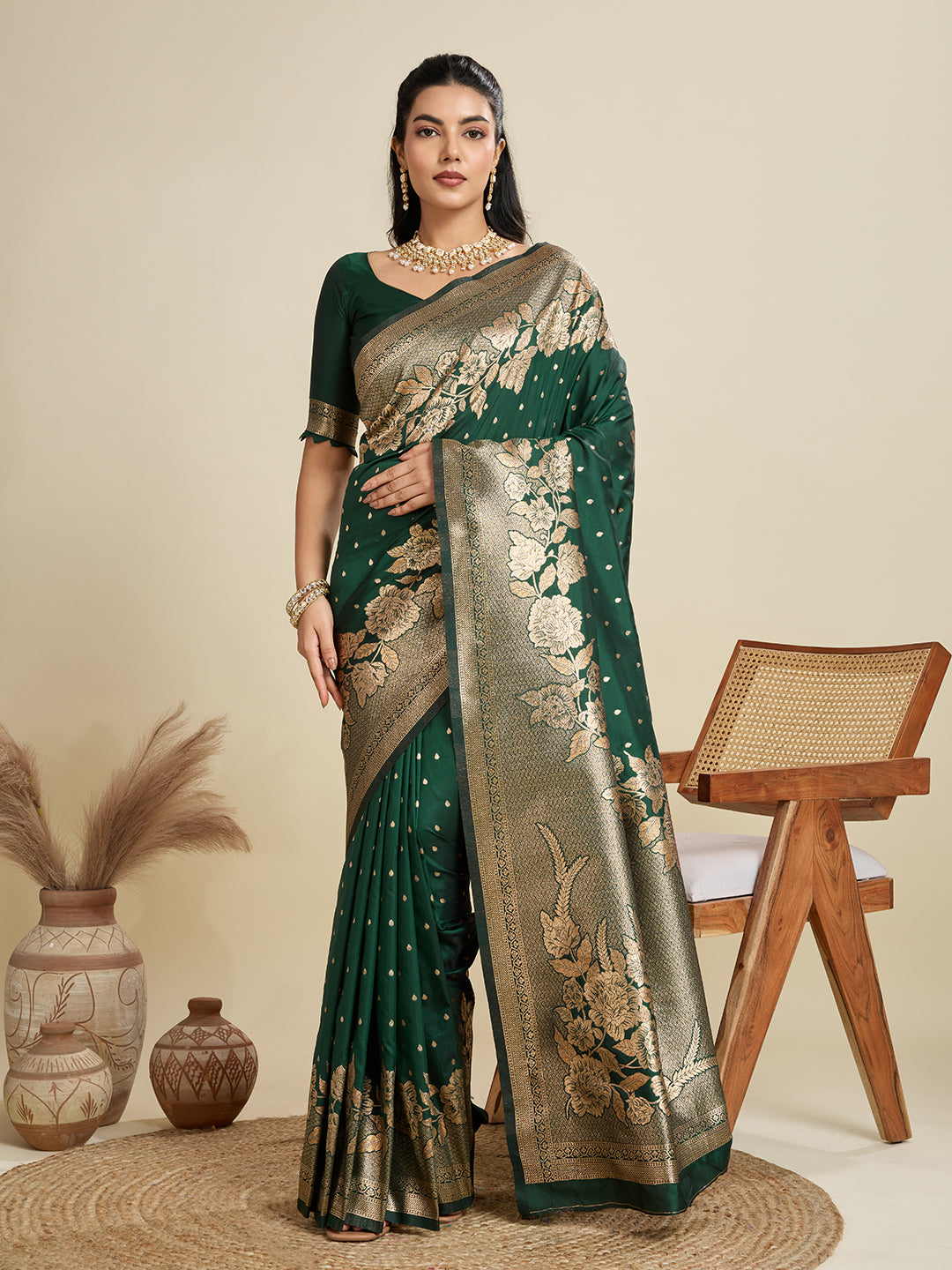 Kanjivaram Silk Classic Designer Saree in Green Enhanced with Woven