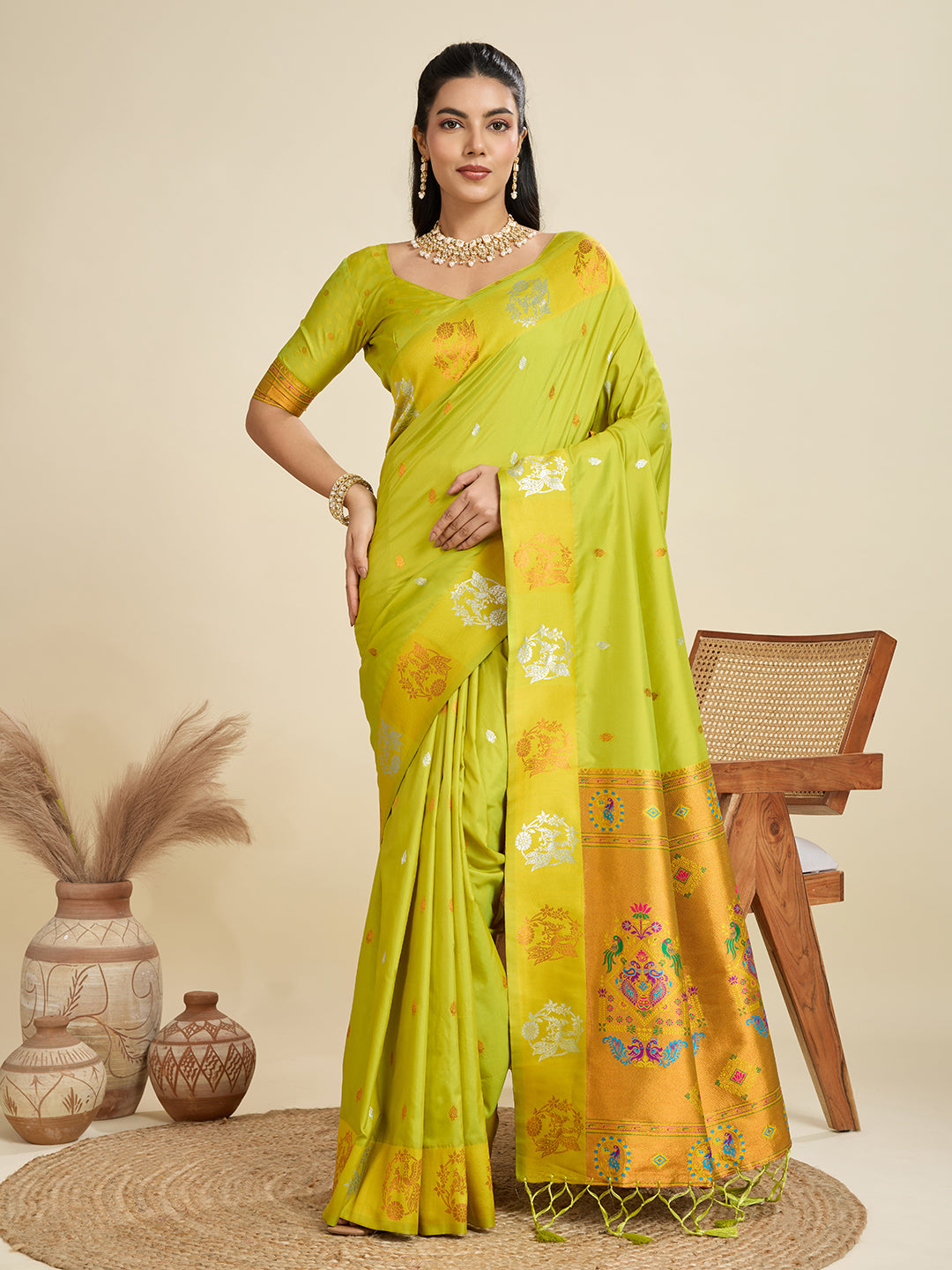Lime Green Paithani Silk Saree with Zari Weaving & Peacock Motifs