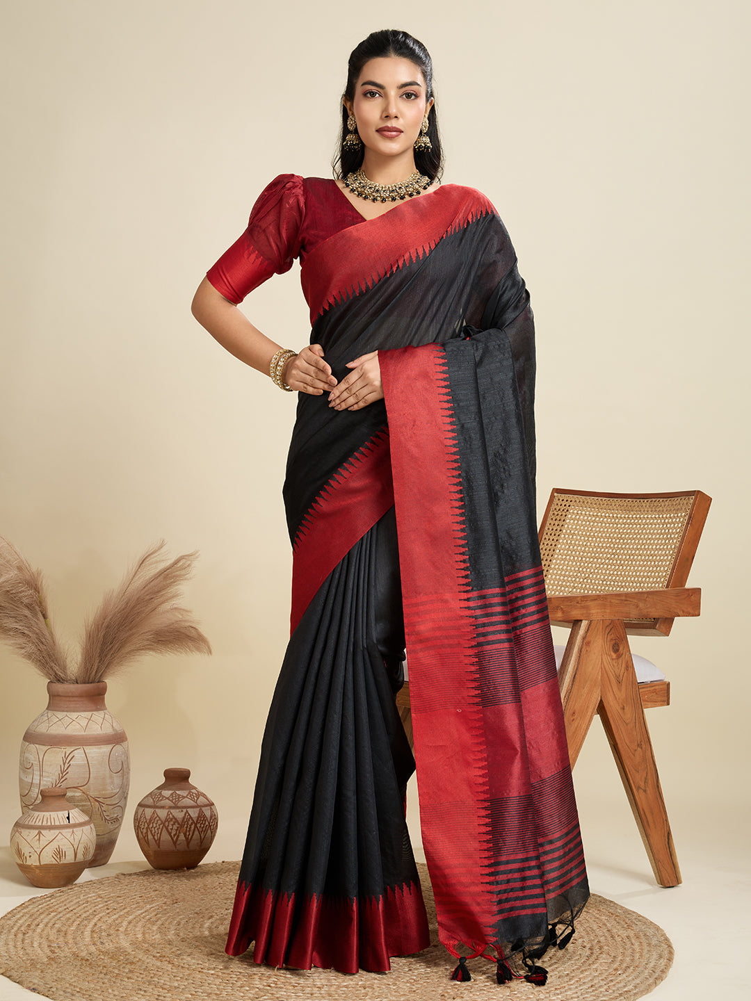 Traditional Black Raw Silk Saree with Red Border & Striped Pallu