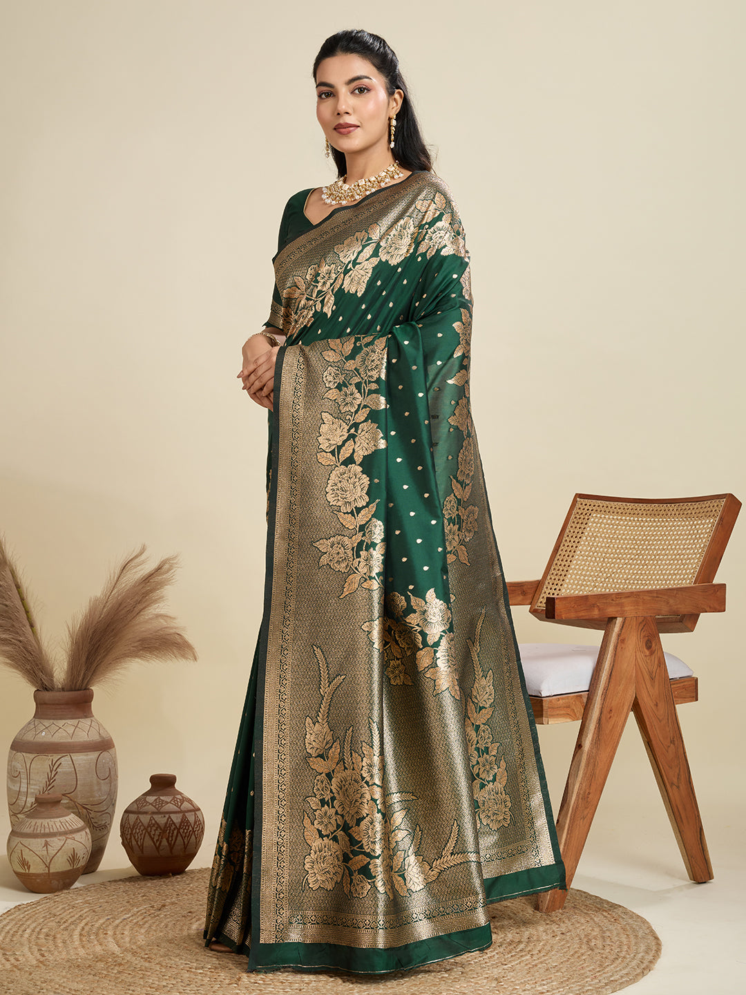 Kanjivaram Silk Classic Designer Saree in Green Enhanced with Woven