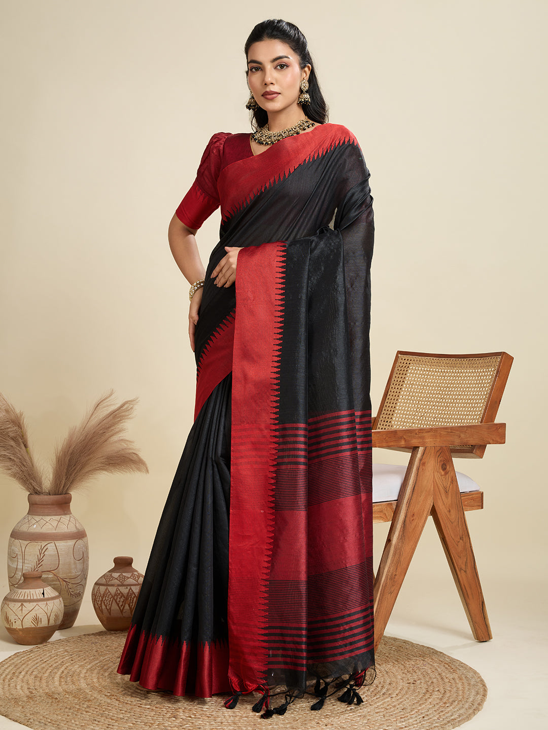 Traditional Black Raw Silk Saree with Red Border & Striped Pallu