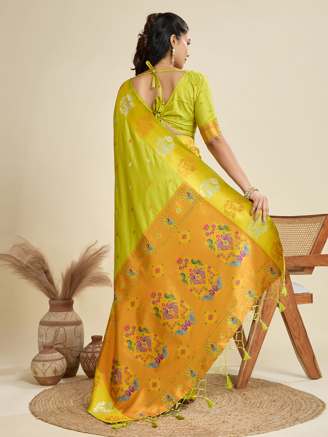 Lime Green Paithani Silk Saree with Zari Weaving & Peacock Motifs