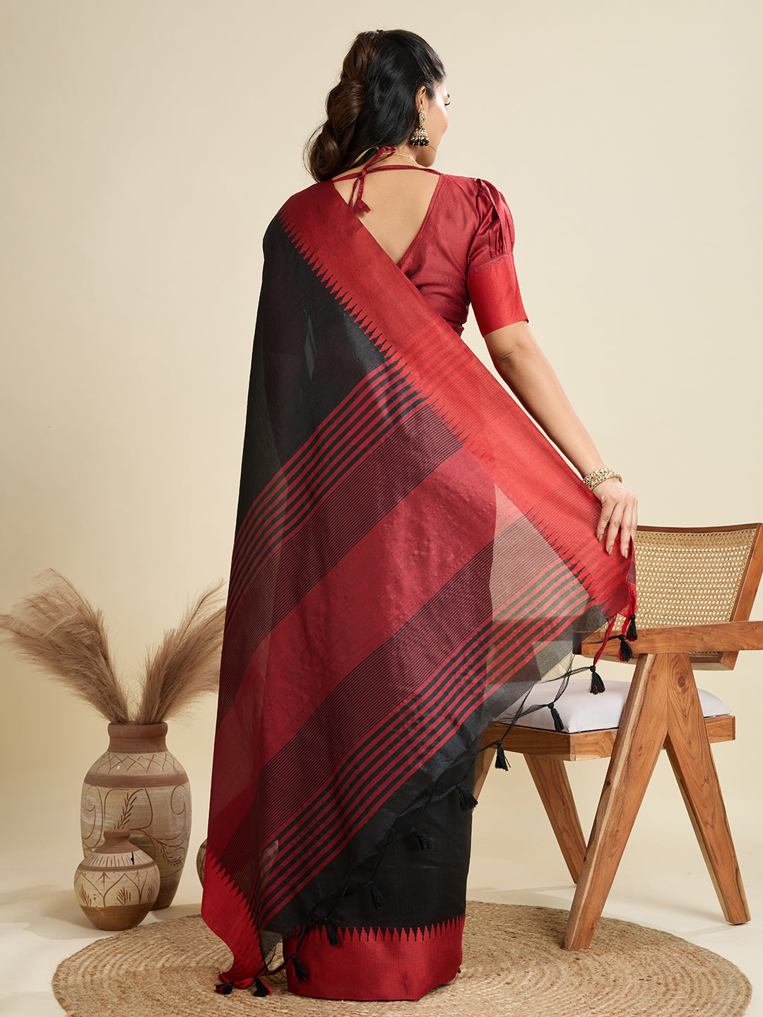 Traditional Black Raw Silk Saree with Red Border & Striped Pallu