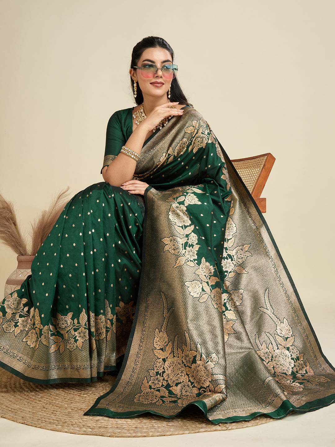 Kanjivaram Silk Classic Designer Saree in Green Enhanced with Woven