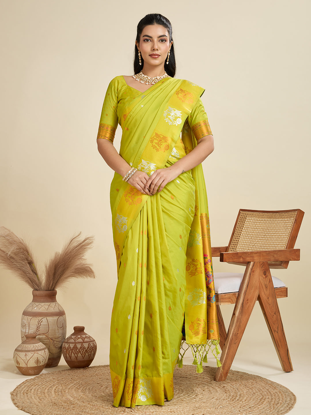Lime Green Paithani Silk Saree with Zari Weaving & Peacock Motifs