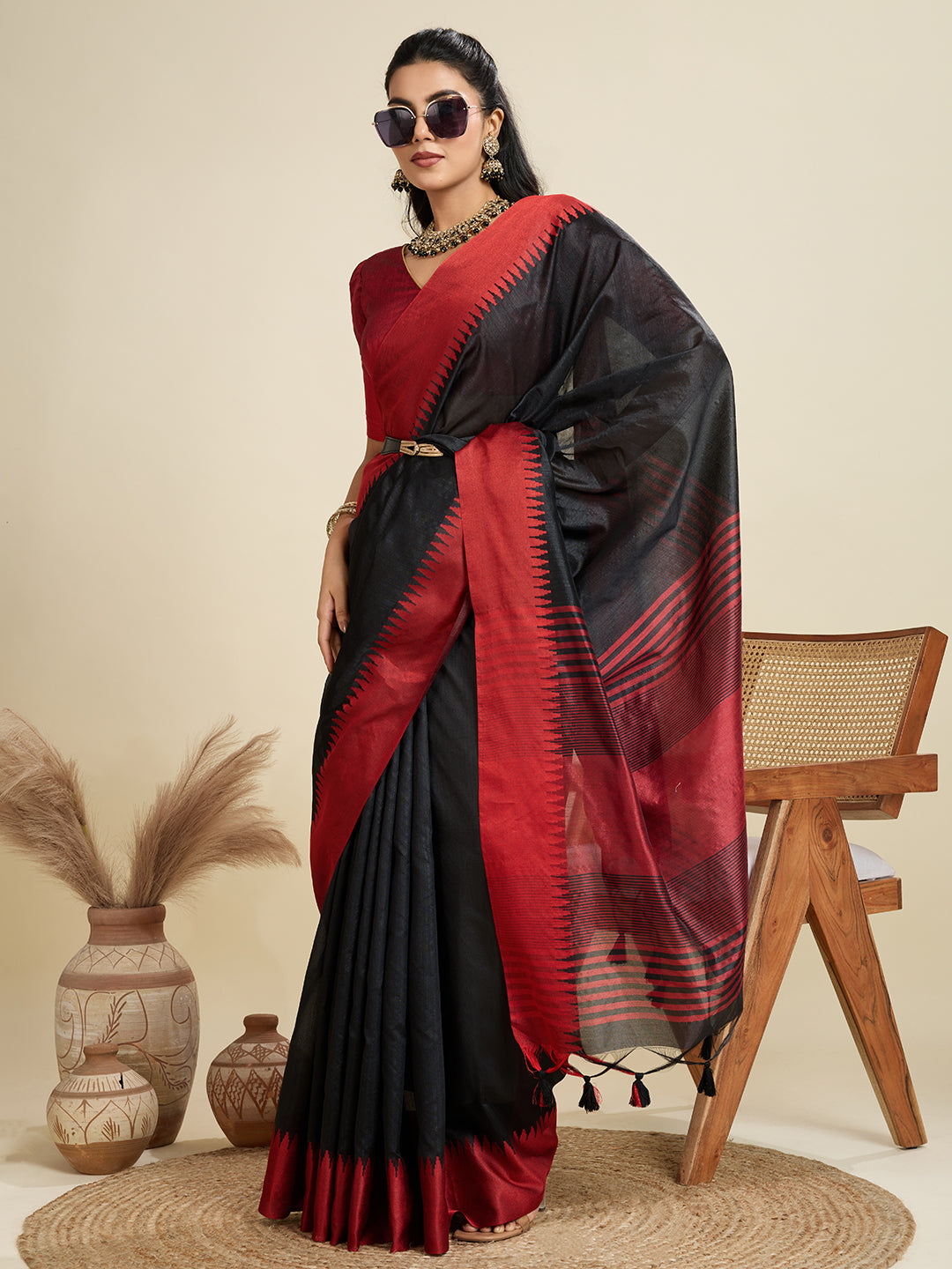 Traditional Black Raw Silk Saree with Red Border & Striped Pallu