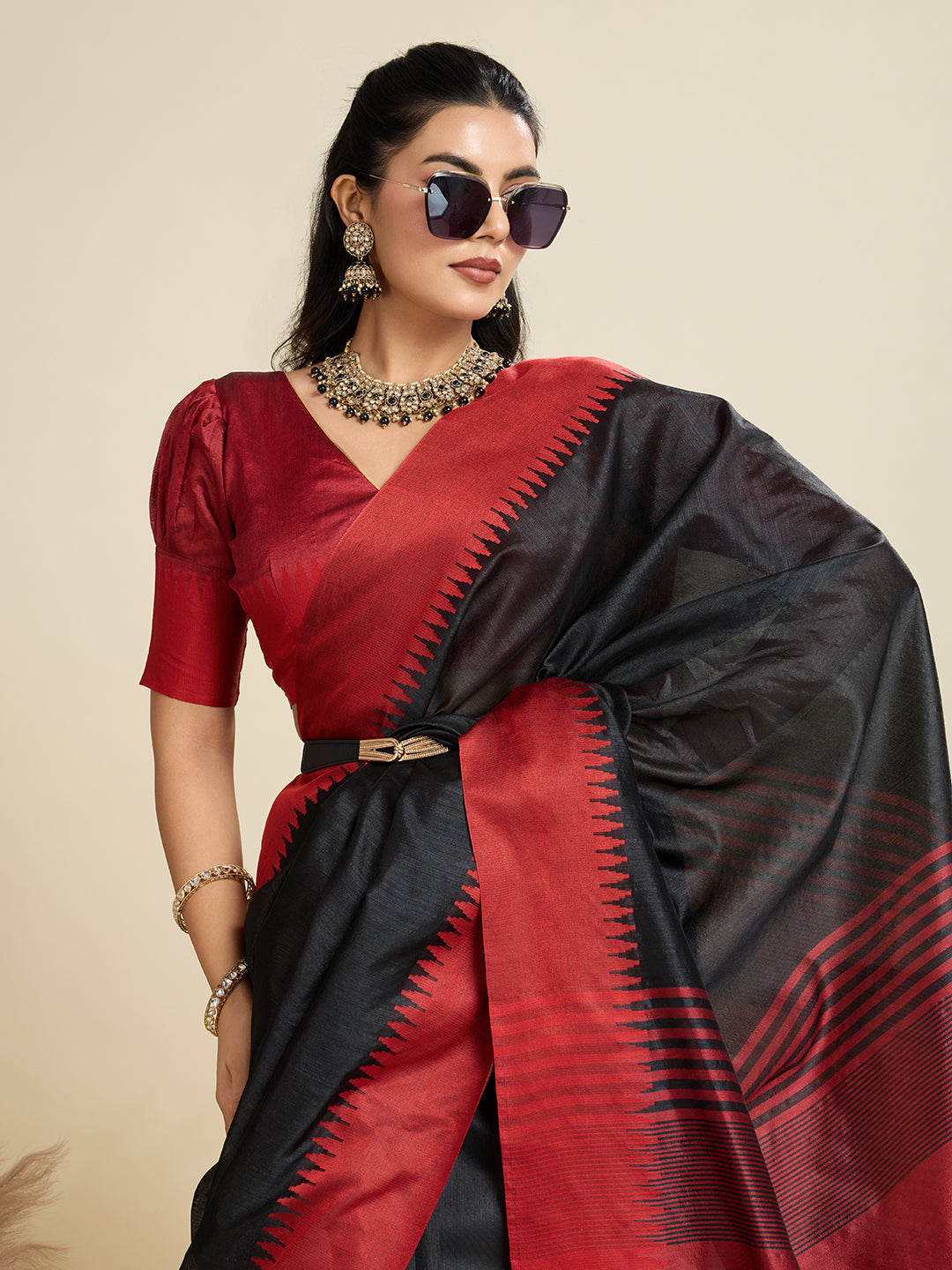 Traditional Black Raw Silk Saree with Red Border & Striped Pallu