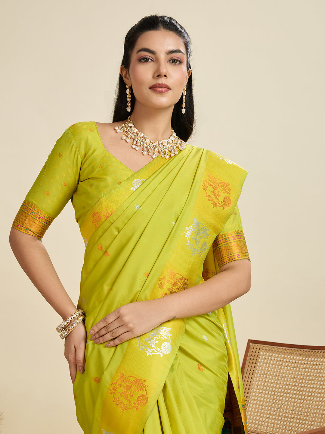 Lime Green Paithani Silk Saree with Zari Weaving & Peacock Motifs