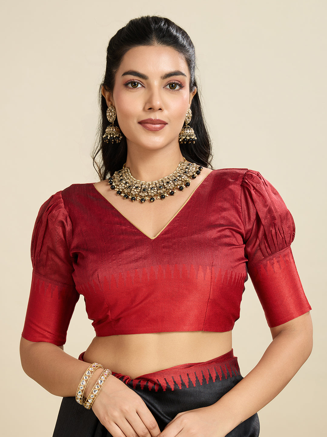 Traditional Black Raw Silk Saree with Red Border & Striped Pallu