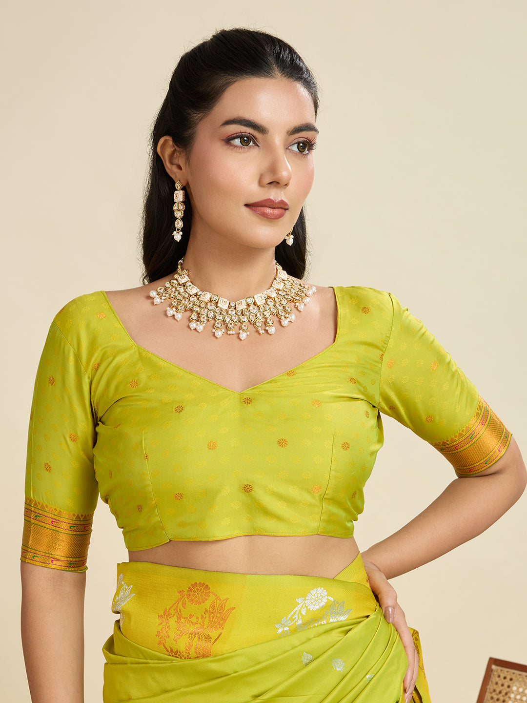Lime Green Paithani Silk Saree with Zari Weaving & Peacock Motifs