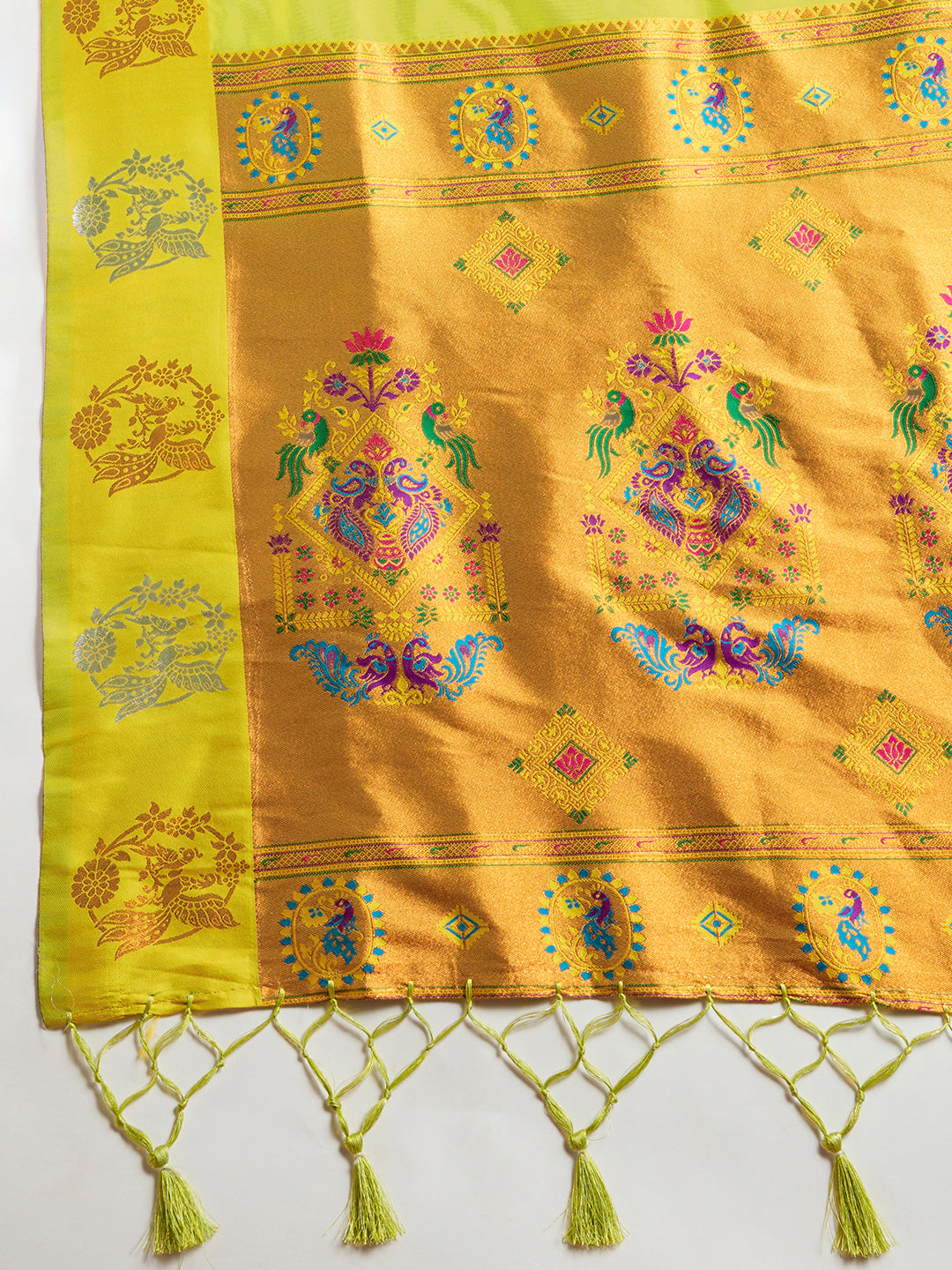 Lime Green Paithani Silk Saree with Zari Weaving & Peacock Motifs