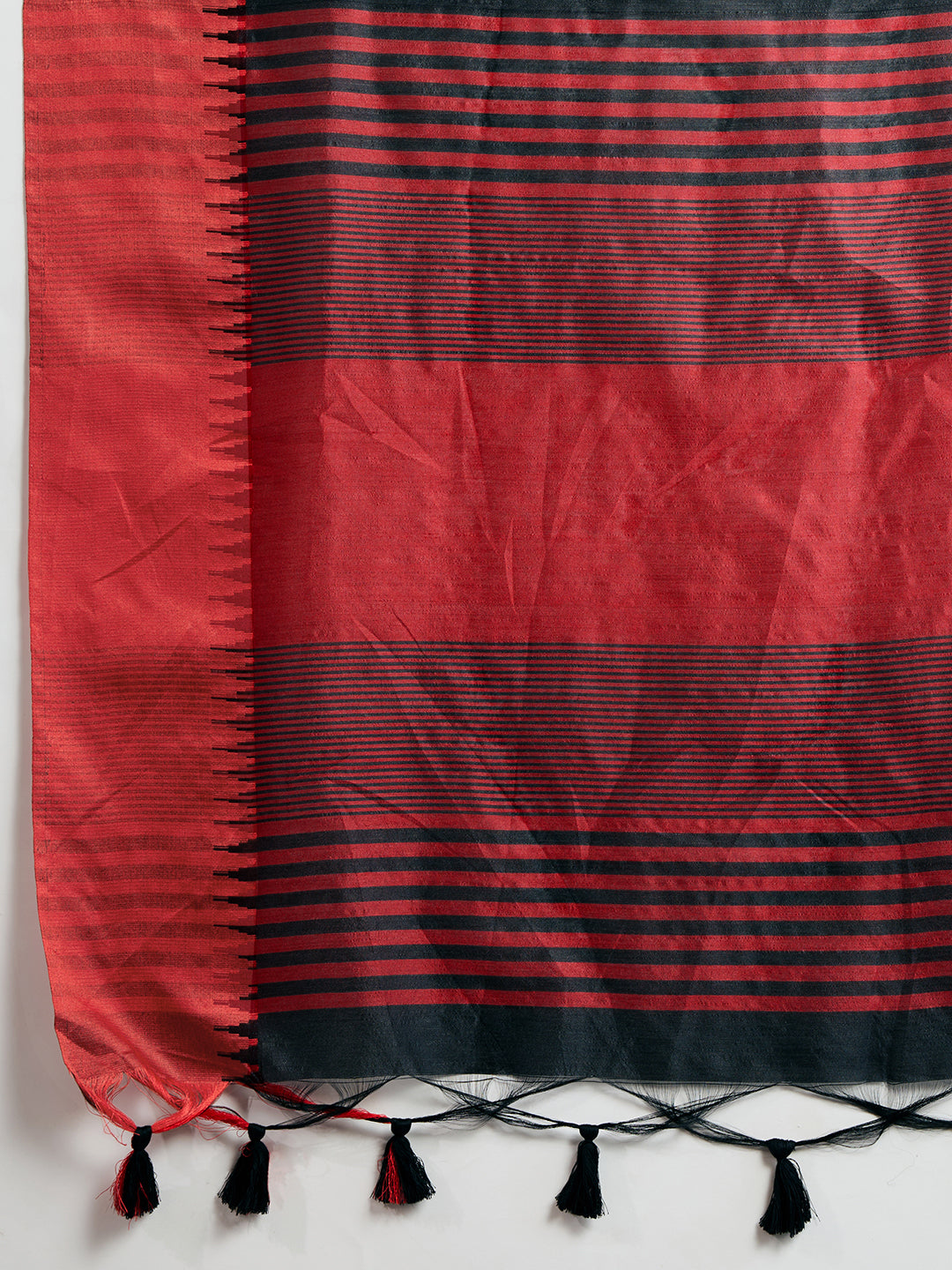 Traditional Black Raw Silk Saree with Red Border & Striped Pallu