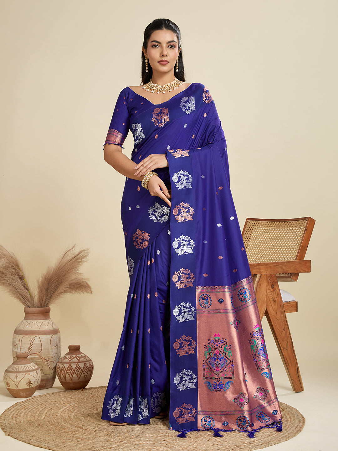 Royal Blue Banarasi Silk Saree with Zari Weave & Paithani Pallu