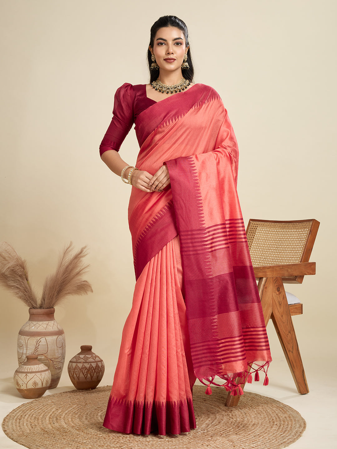 Exquisite Peach & Maroon Raw Silk Saree with Temple Border