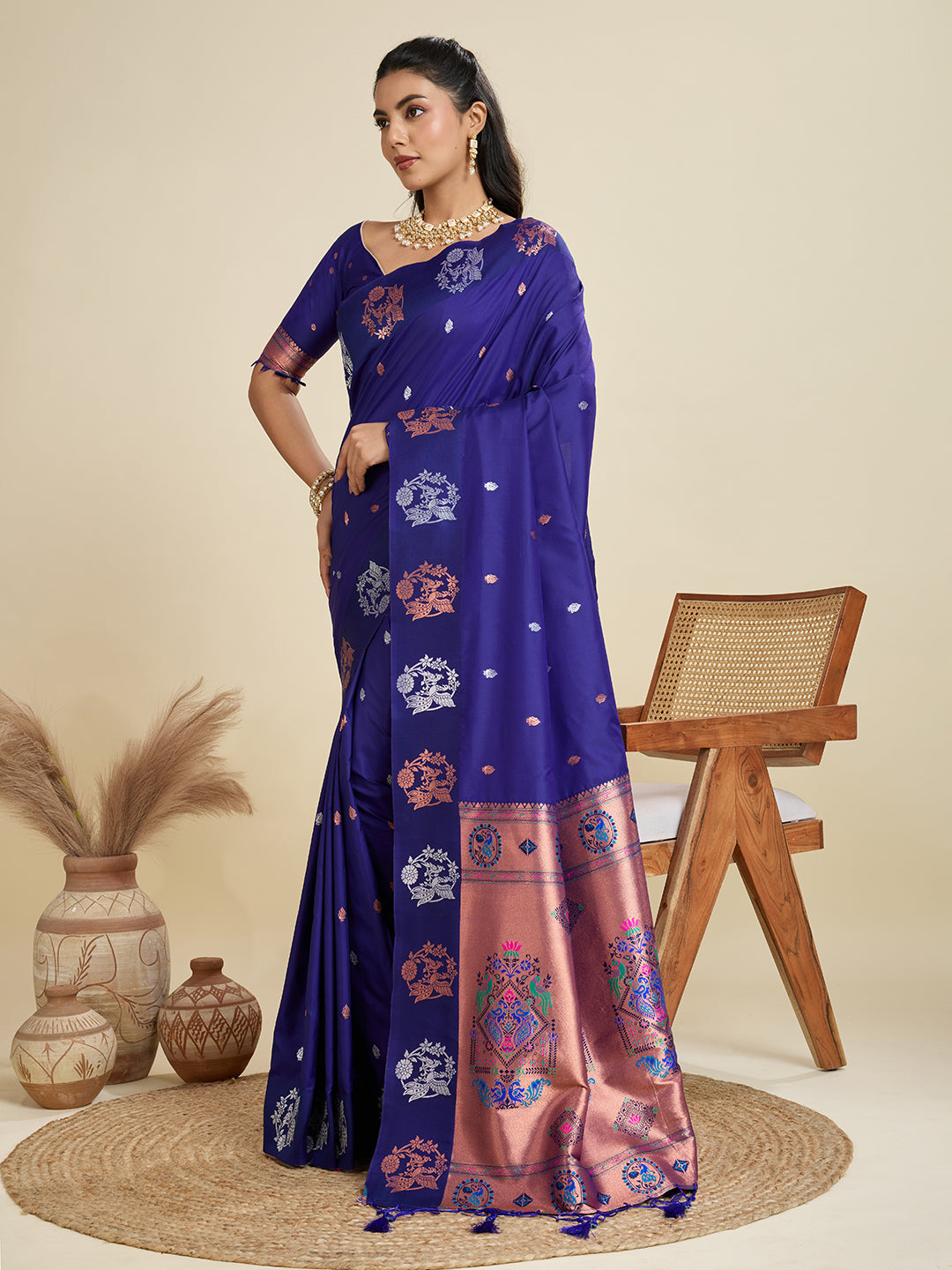Royal Blue Banarasi Silk Saree with Zari Weave & Paithani Pallu