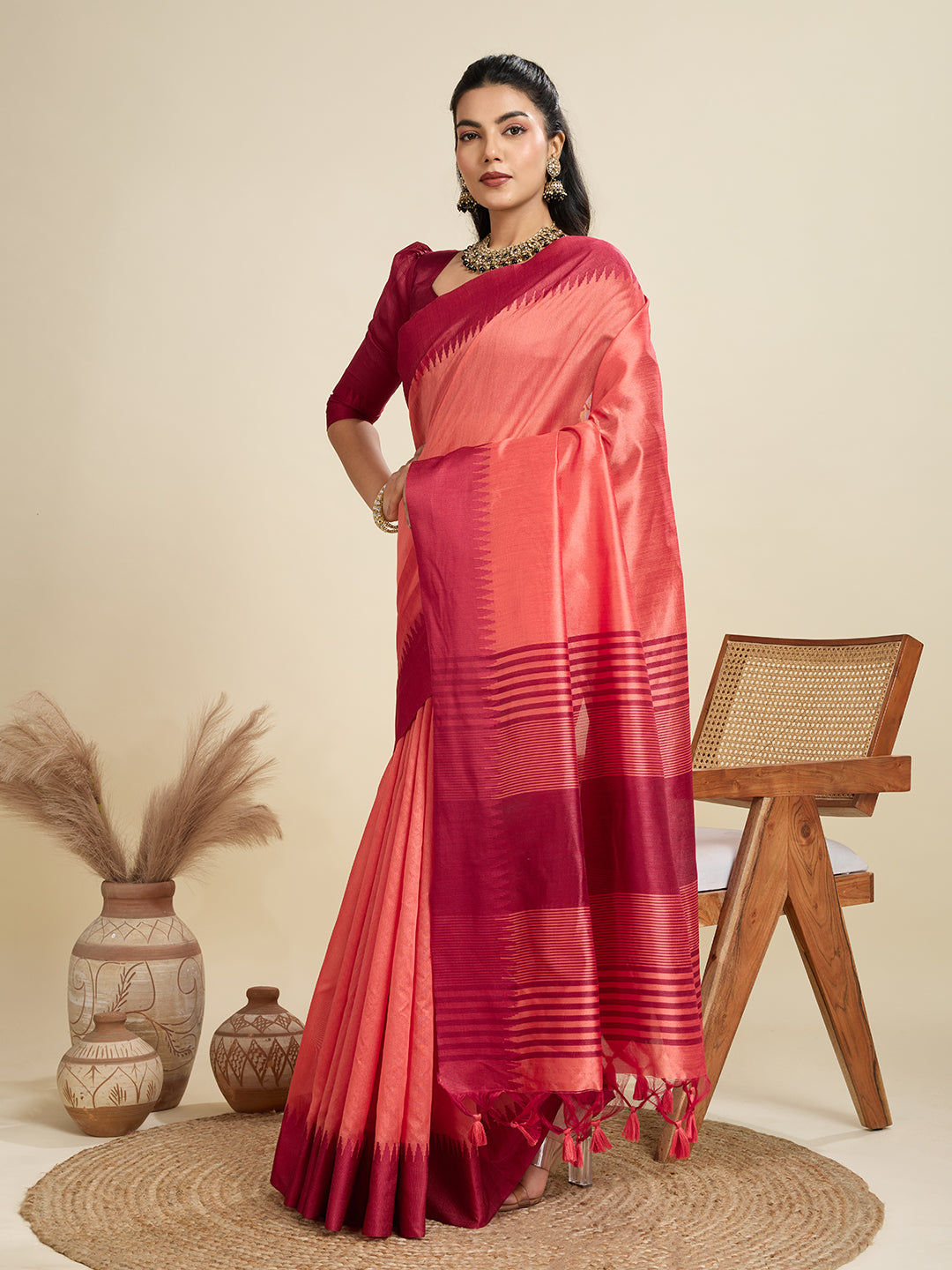 Exquisite Peach & Maroon Raw Silk Saree with Temple Border