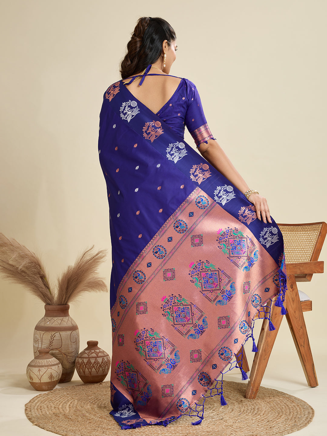 Royal Blue Banarasi Silk Saree with Zari Weave & Paithani Pallu