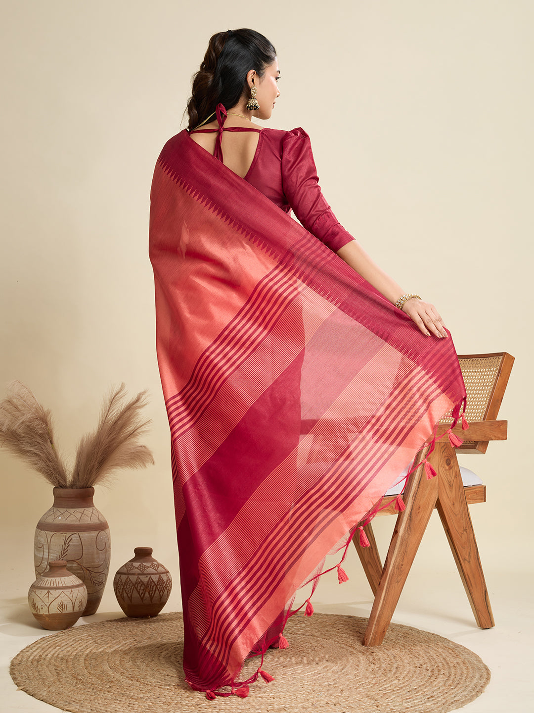 Exquisite Peach & Maroon Raw Silk Saree with Temple Border