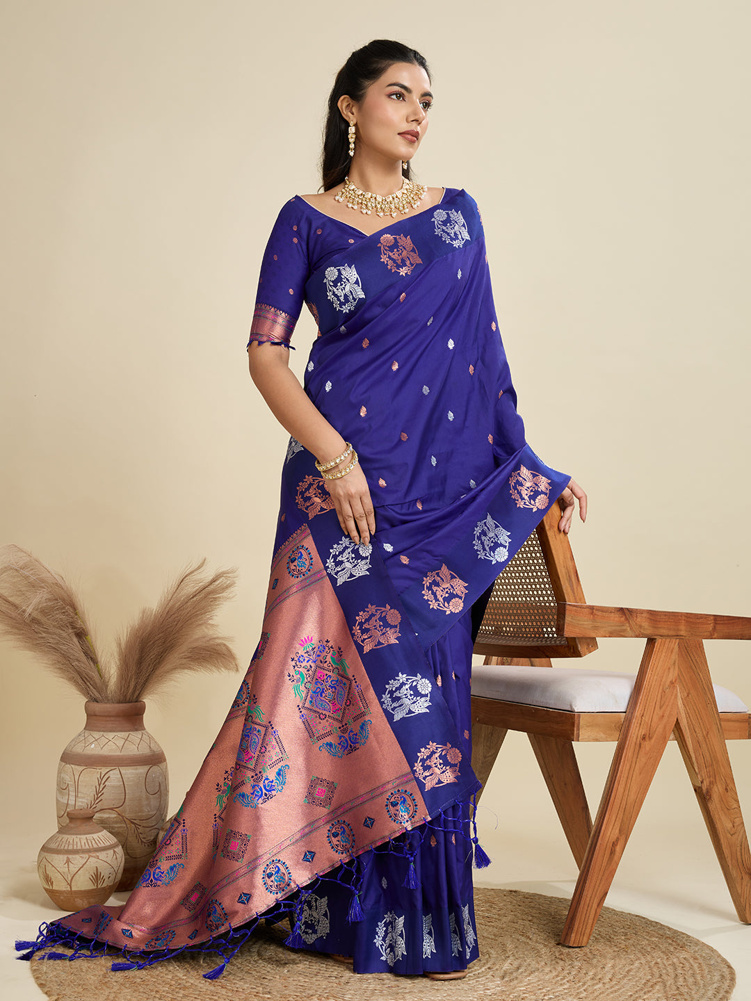 Royal Blue Banarasi Silk Saree with Zari Weave & Paithani Pallu